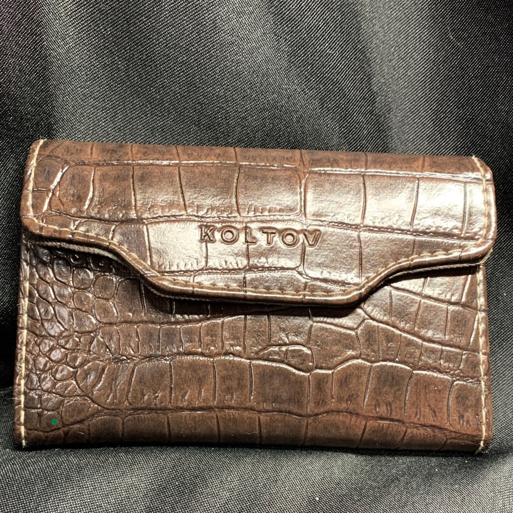 Vintage Koltv Crocodile Embossed Brown   Leather Tri-Fold Card Holder Wallet